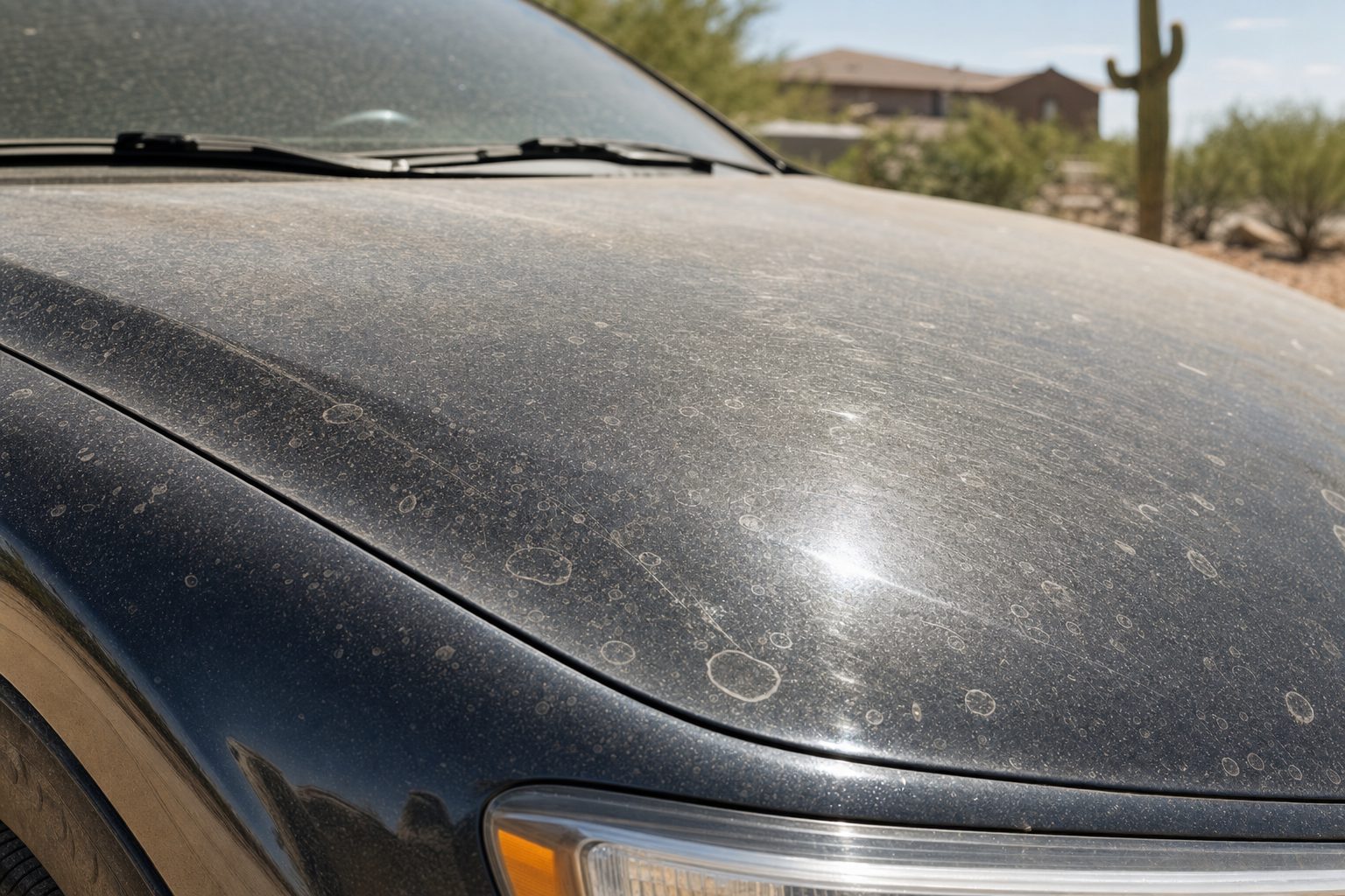 Close-up of a dark car hood covered in desert dust with dried hard-water spot rings and faint swirl marks in harsh sunlight