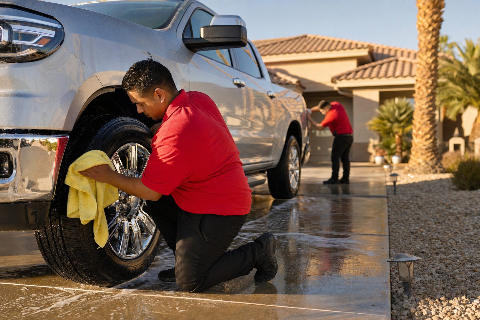 Two detailers in red shirts washing a silver pickup truck in an Arizona residential driveway at golden hour